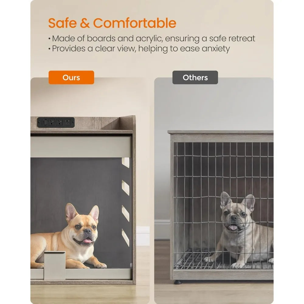 Dog Crate Furniture with Charging Station- Kennel Indoor with Flip-up Hidden Acrylic Door