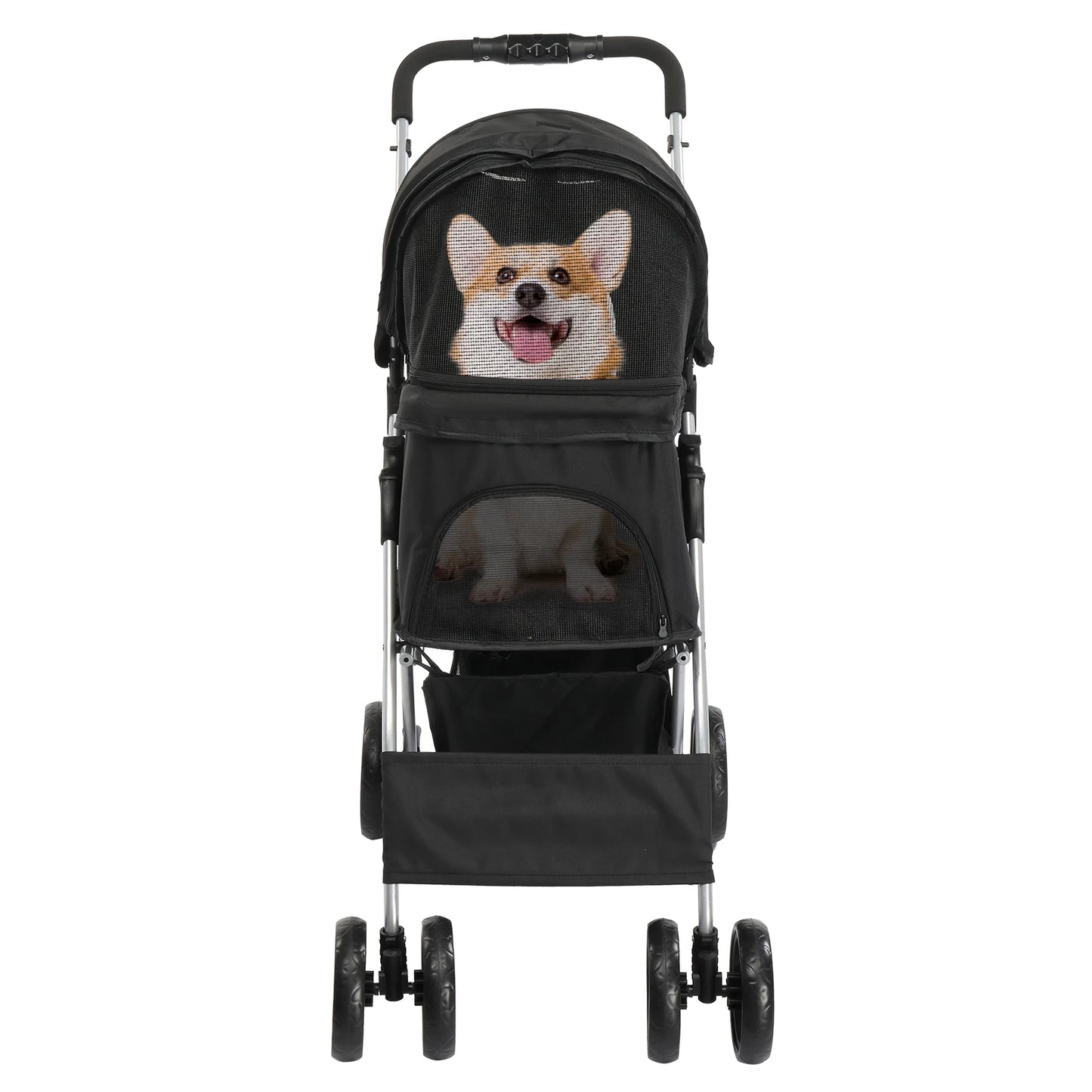 4 Wheels Pet Stroller-Dog Stroller for Small/Medium Pets- Foldable with Cup Holder- Removable Liner- Storage Basket- Black.