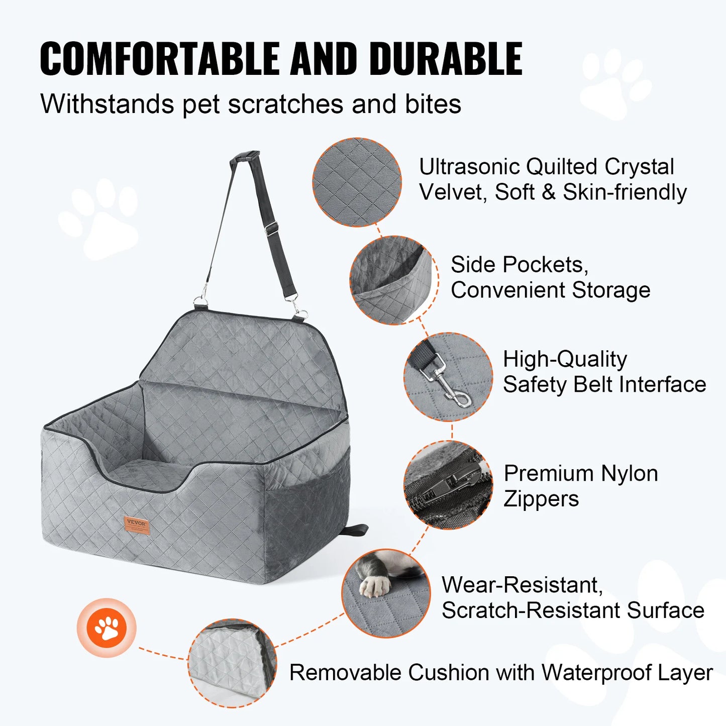 Dog Car Seat- Dog Booster Seat for Car with A Storage Pocket- Sponge Filling Car Bed for Medium Dogs- Gray