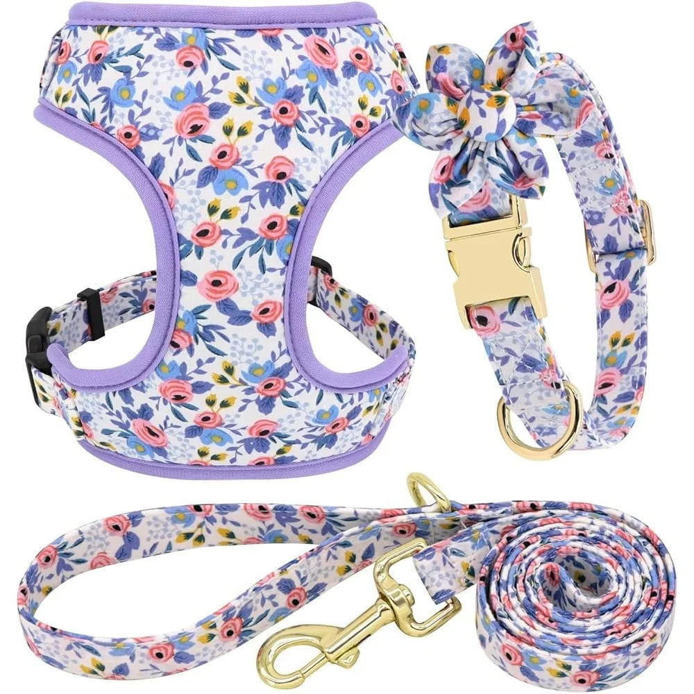 Cute Dog Harness Leash Collar Set- Adjustable Floral Soft Mesh Pet Vest-Size XS