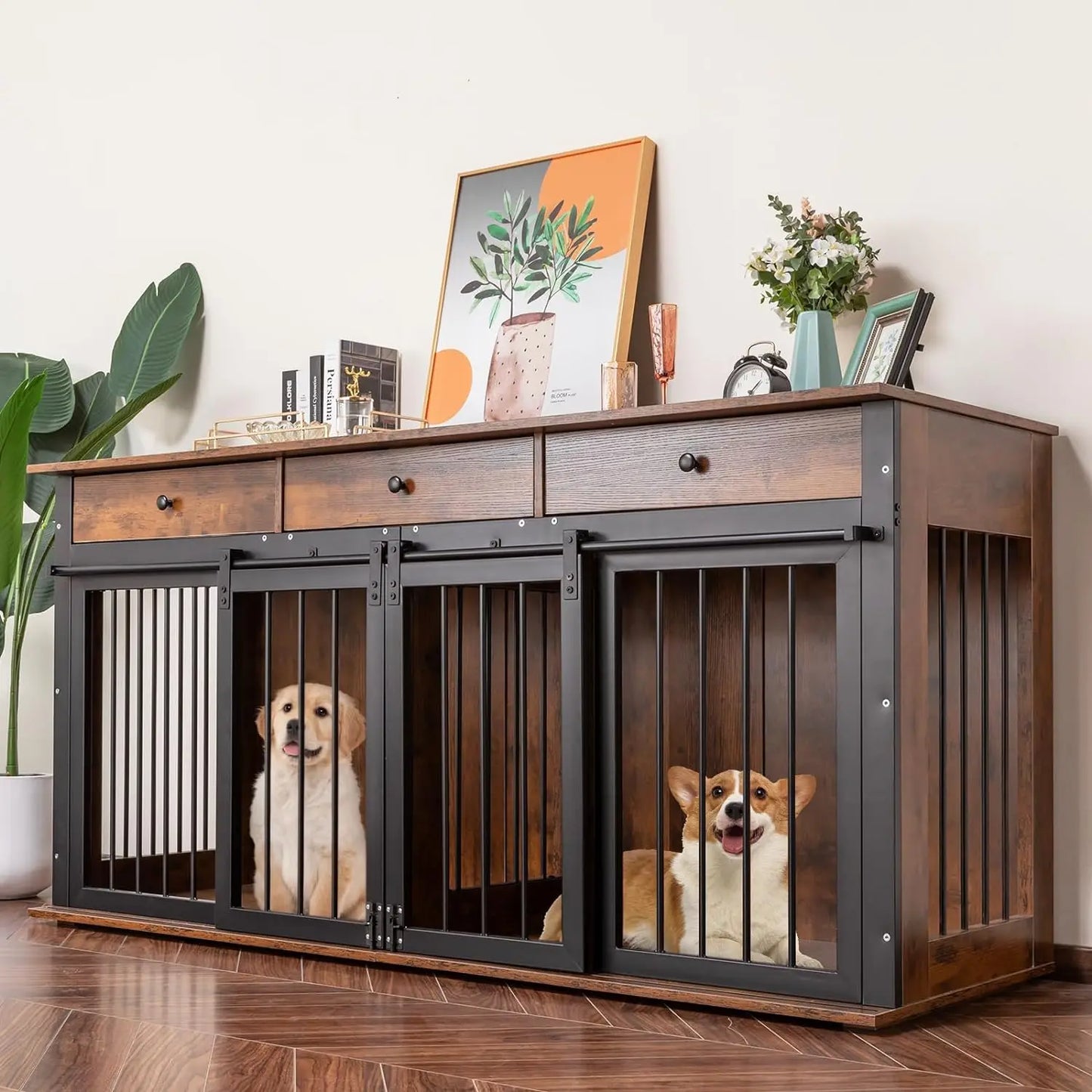 Dog Crate Furniture with Divider-Wooden Dog Kennel- Barn Doors- End Table- Indoor