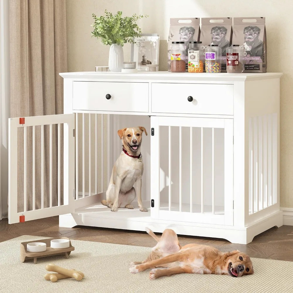 Dog Crate Furniture-44" Wooden Dog Kennel Indoor With 2 Storage Drawers- Heavy Duty Dog Crate Furniture