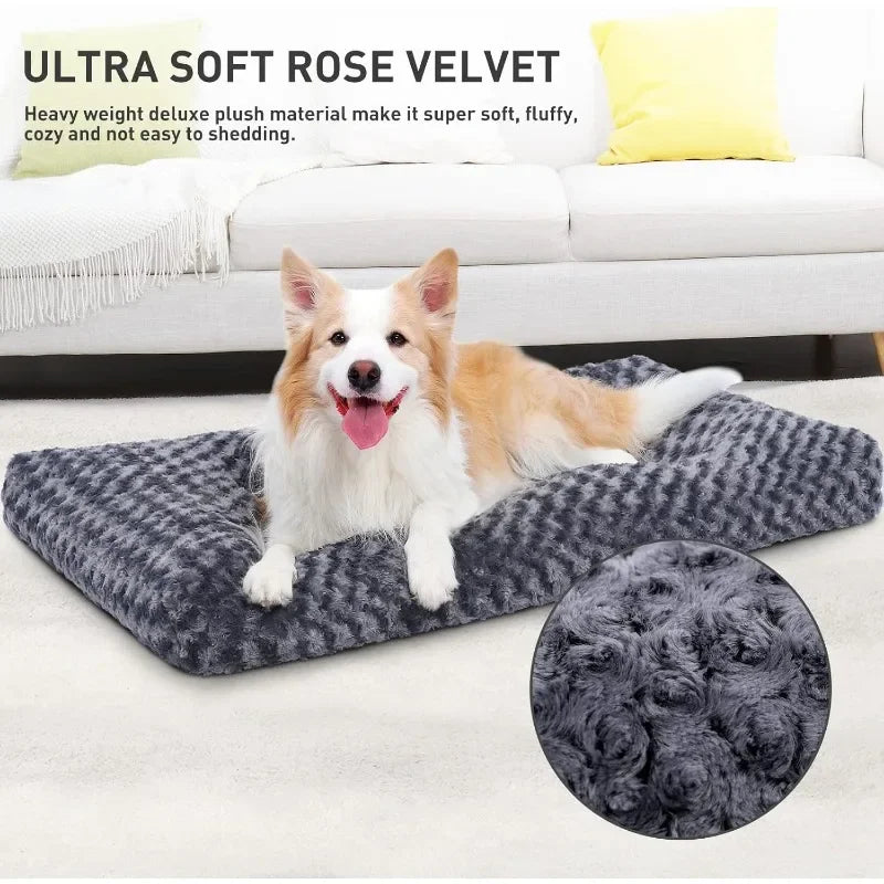 Deluxe Plush Dog Crate Beds- Comfy Kennel Pad- Anti-Slip Pet Sleeping Mat for Large, Jumbo, Medium, Small Dogs