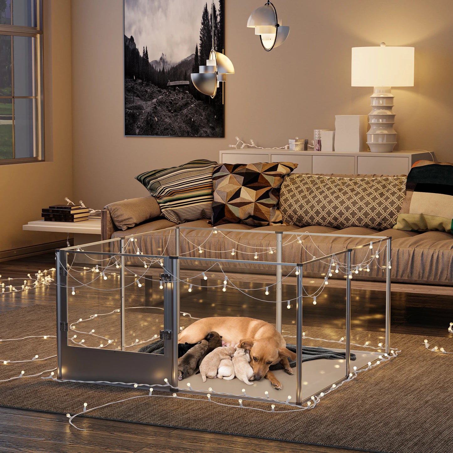Acrylic Dog Playpen Fence -Pet Clear Exercise Play Pen -Whelping Box with Waterproof Fertility Pad