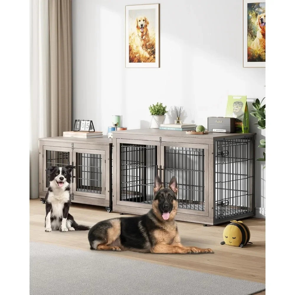 Dogs Crate Furniture with Cushion- Wooden Dogs Kennel Indoor with Double Doors- Wheels-Dog House Side End Table
