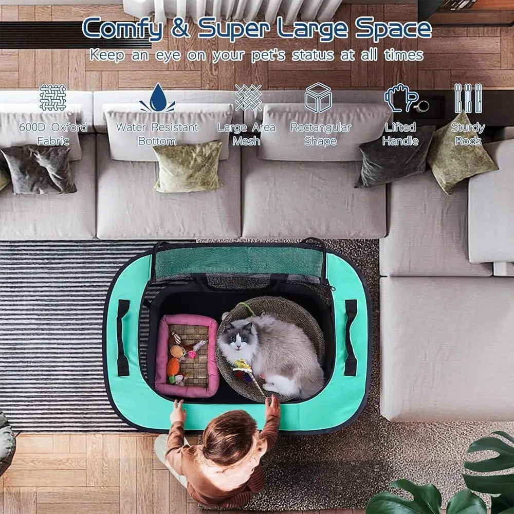 Portable Dog Playpen- Foldable- Exercise Kennel- Water Resistant Mesh Tent Enclosure- Indoor Outdoor- Travel Play Safety
