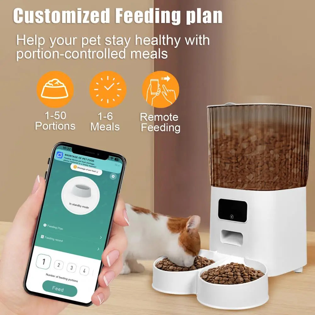 Smart Pet Feeder with Dual Bowls - 5L Transparent Storage, WiFi APP Control, Automatic Timed Dispensing for Cats or Dogs, Battery