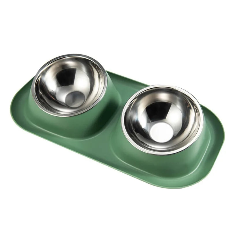 Stainless Steel Double Dog Bowl- Food Container- Plastic Non-slip Base- Pet Water Feeder- Tilt- Safeguards Dogs Neck