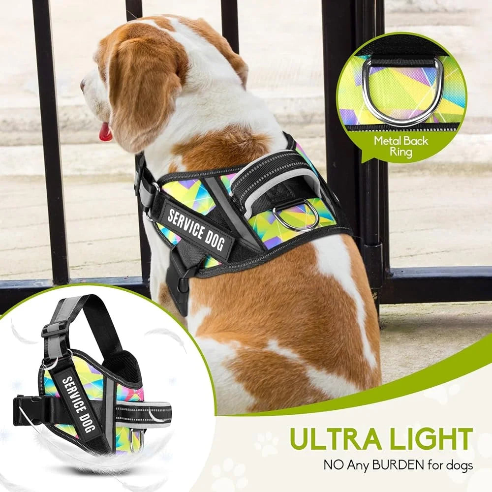 Service Dog Harness Leash Set- Reflective No Pull -10 Patches Multi Color Training Vest- Durable Lightweight Small to XL Dogs