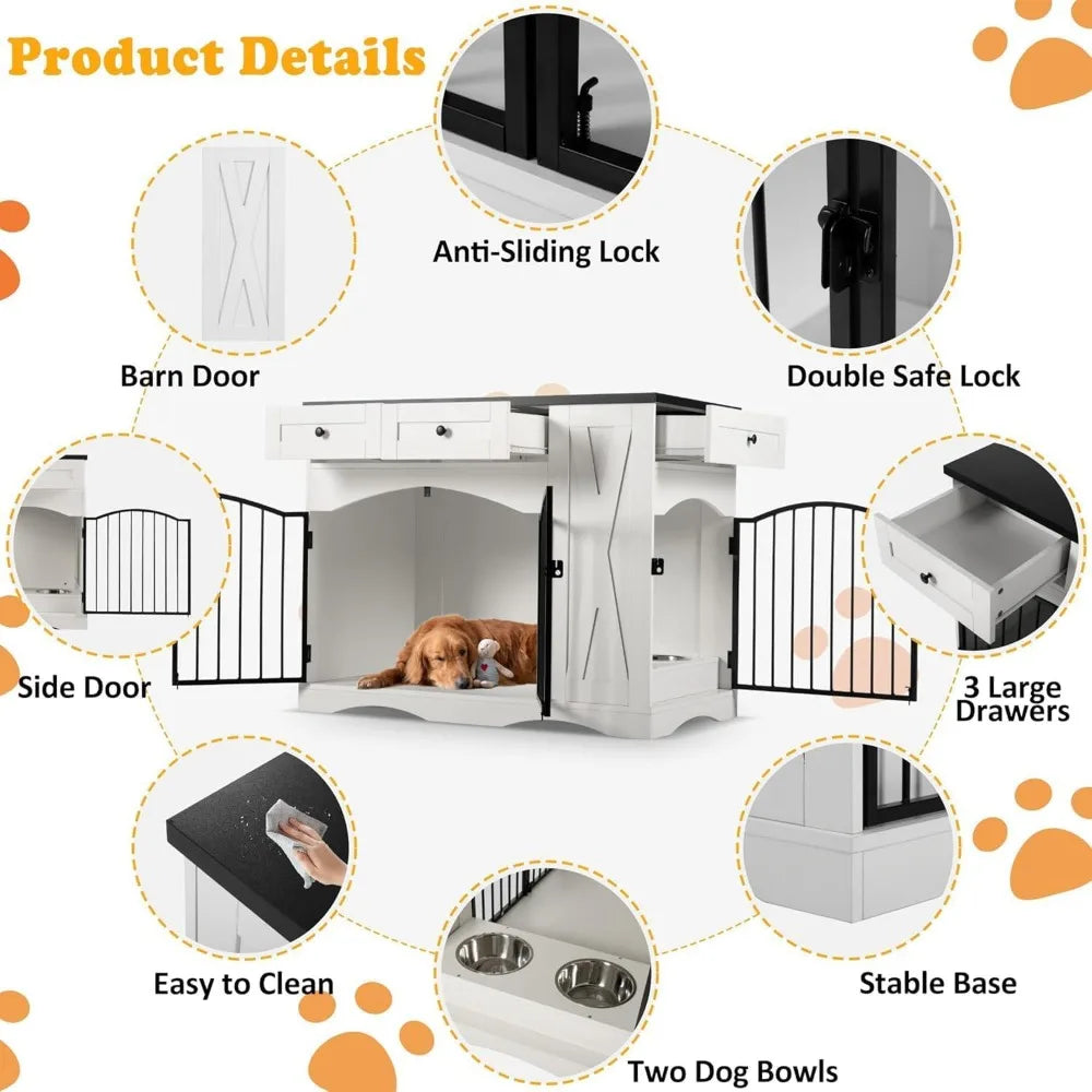 43.3" Dog Crate Furniture for Medium & Large Dogs- Heavy Duty Wooden Dog Kennel with 3 Storage Drawers-Removable Double Feeder