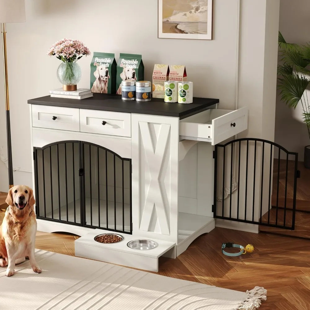43.3" Dog Crate Furniture for Medium & Large Dogs- Heavy Duty Wooden Dog Kennel with 3 Storage Drawers-Removable Double Feeder