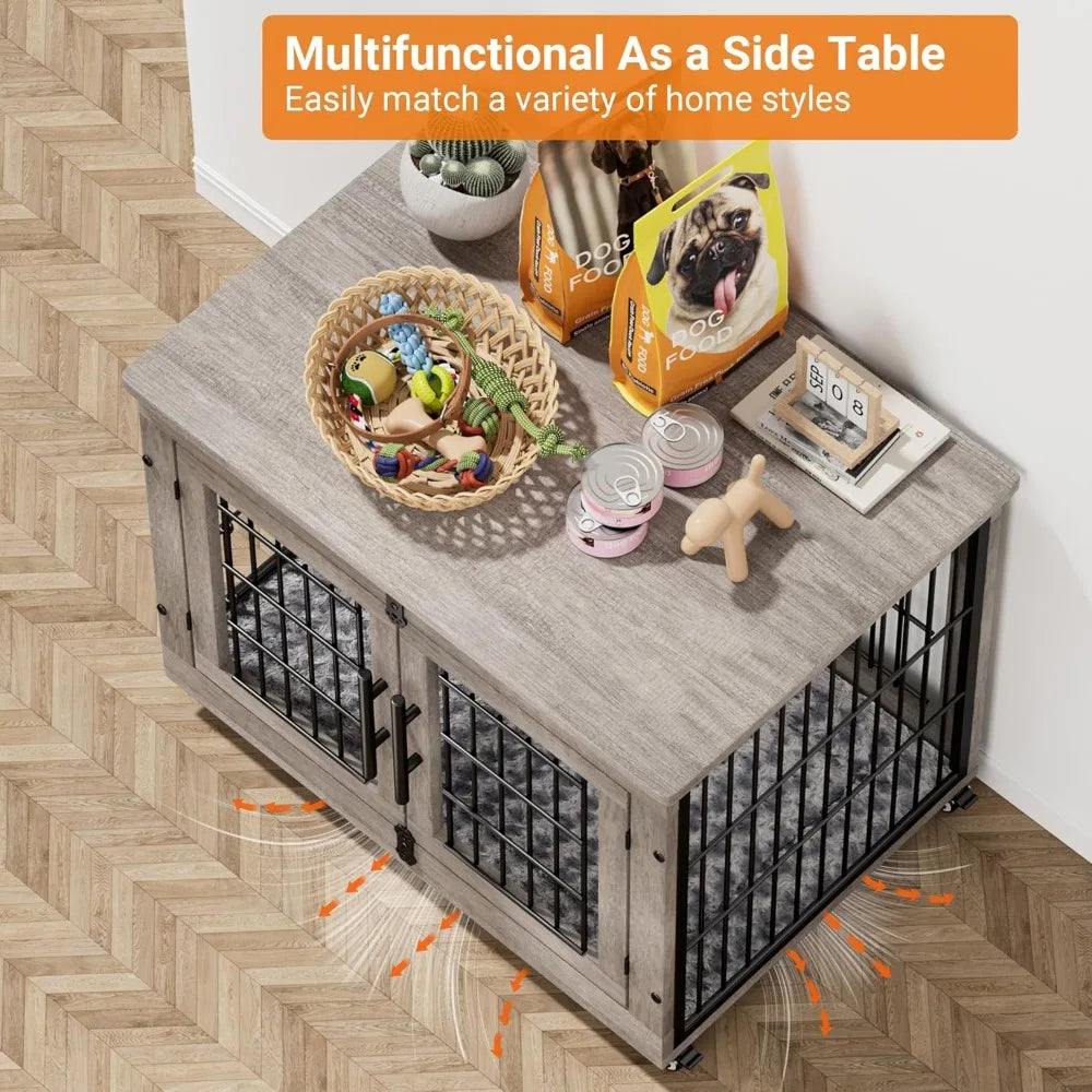 Dog Crate Furniture- 32'' Kennel Indoor with Cushion & Wheels Wooden Cage- Double Doors Dog Crate