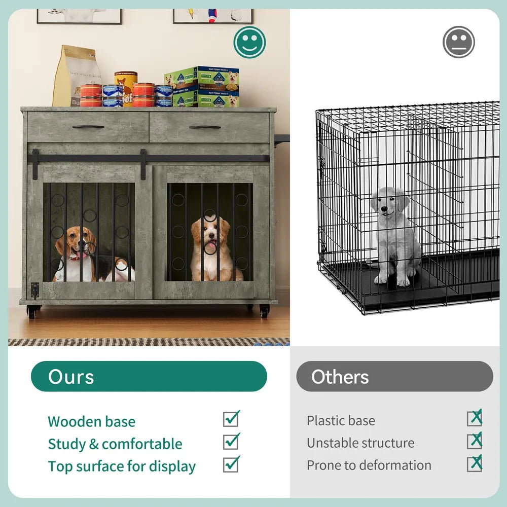 Dog Crate Furniture -39" Wooden Indoor Dog Kennel w/ Divider Room and Drawers for multiple Pets