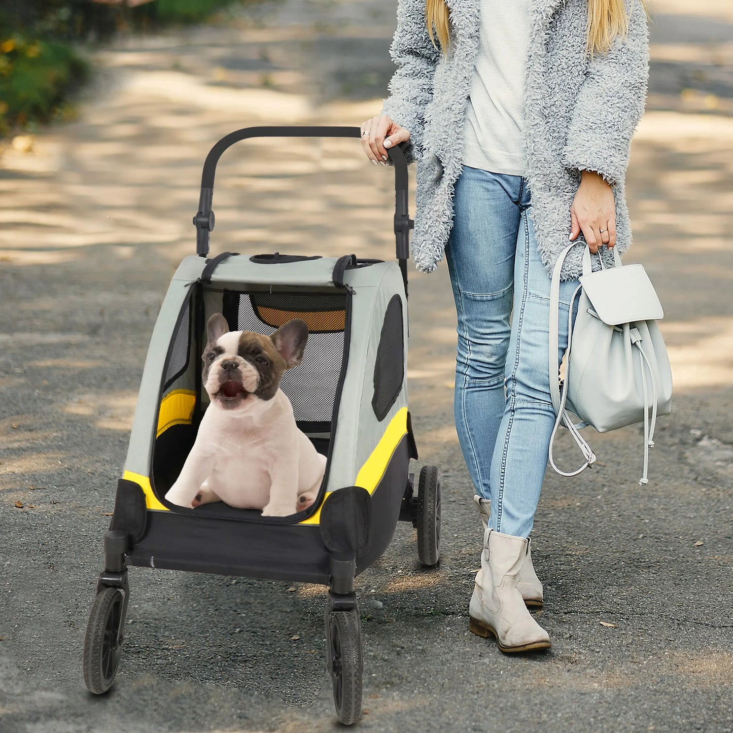Portable Dog Stroller- Pet Jogger Wagon- Foldable Cart -Travel Trolley Cart- 4 Wheels- 3 Mesh Window- Adjustable Handle-for Small Breeds