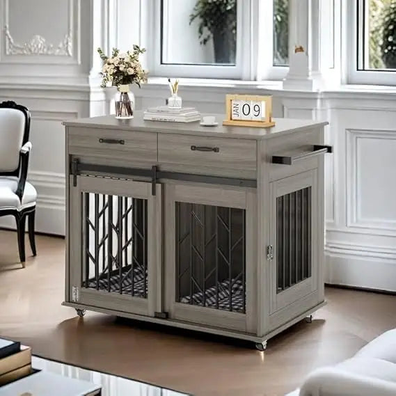 Dog Crate Furniture for 2 Dogs- 39" Wooden Dog Kennel End Table with Wheels and Storage Drawers- Indoor Double Door Dog Crate