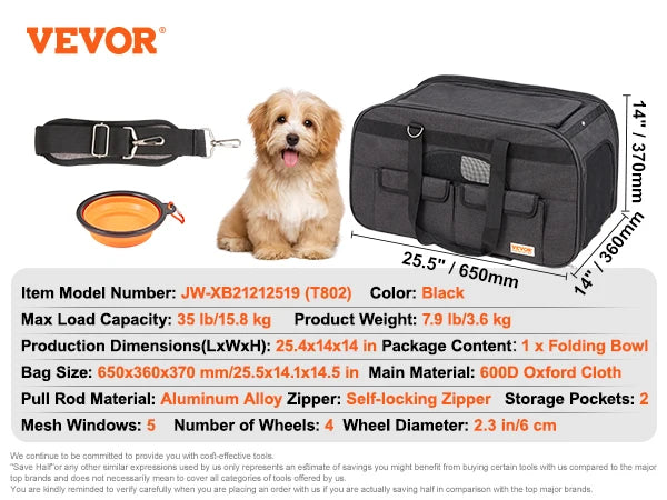 Airline Pet Carrier Stroller- Breathable Outgoing Dog Carry Backpack with Telescopic Handle Wheels and Shoulder Strap for Travel Trip