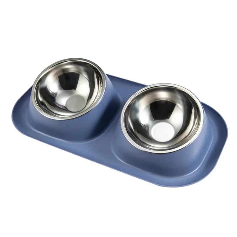 Stainless Steel Double Dog Bowl- Food Container- Plastic Non-slip Base- Pet Water Feeder- Tilt- Safeguards Dogs Neck