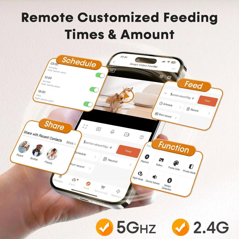 Automatic Dog Feeder with Camera WiFi- 5G App Control -Easy Setup Dog Food Dispenser - HD 1080P Video Recording Timed Pet Feeder