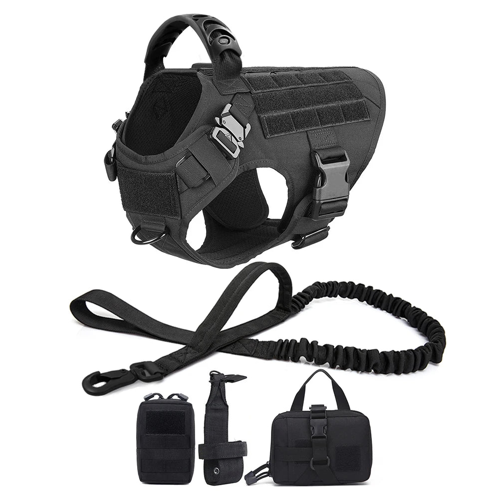 Military Dog Harness Leash Bags Set- Pet Tactical Vest Harnesses- Walking Training Hunting For Large Dogs German Shepherd