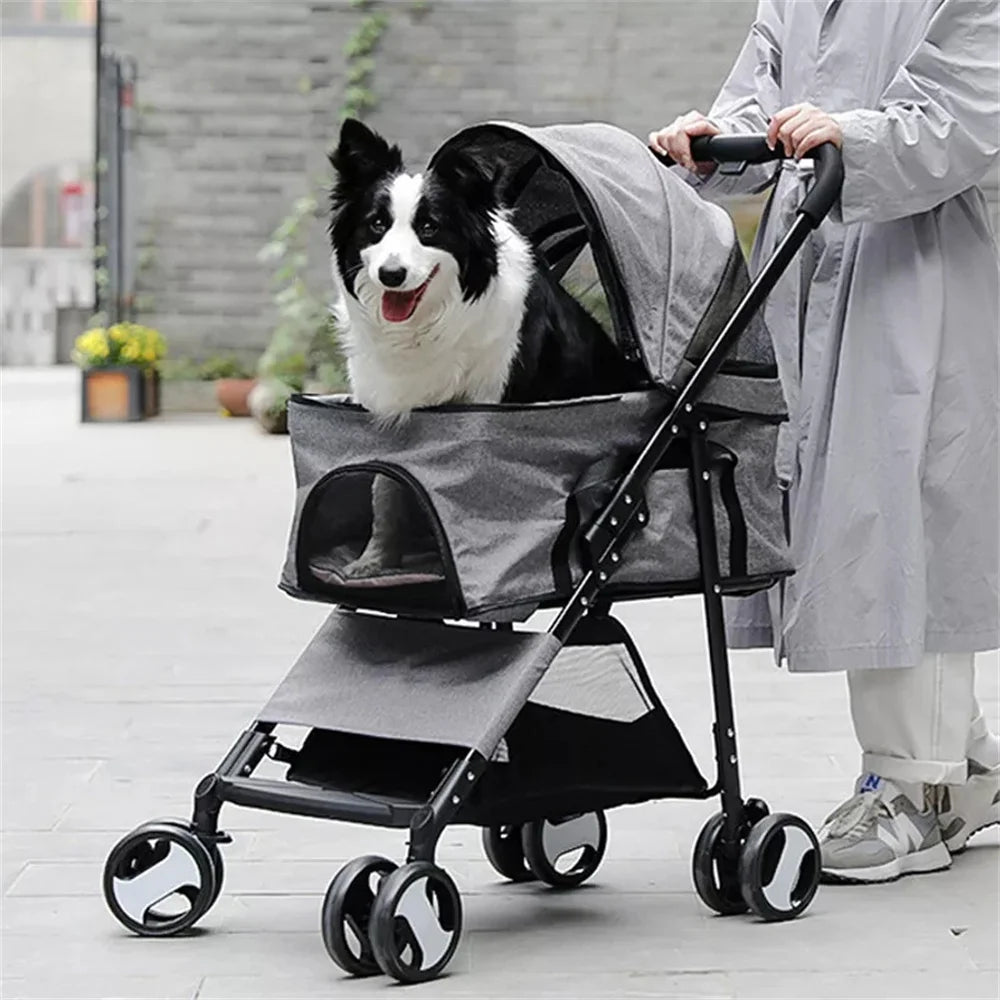 Pet Dog Stroller- Foldable Travel Carrier- Jogger Dog Pram with 4 Wheels and Rain Cover