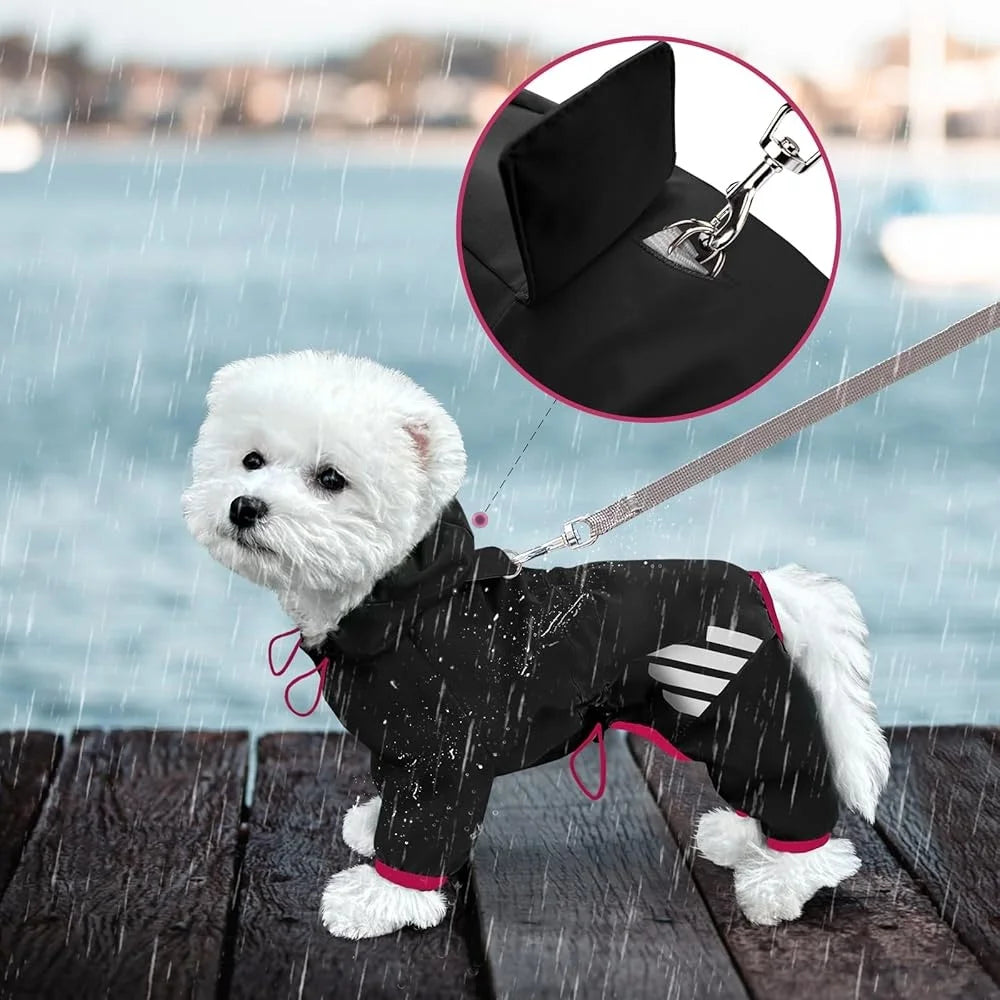 Waterproof Dog Raincoat- Lightweight- Reflective Straps with Leash- Comfortable Four-Leg Design -Small