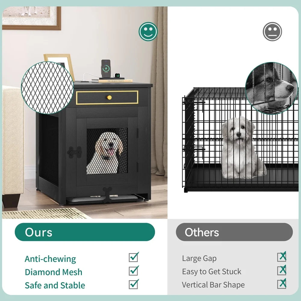 Wooden Furniture Dog Crate- Dual USB Charger- Safe and Stable Indoor Furniture- Easy Clean Tray- Lockable- Small Dogs