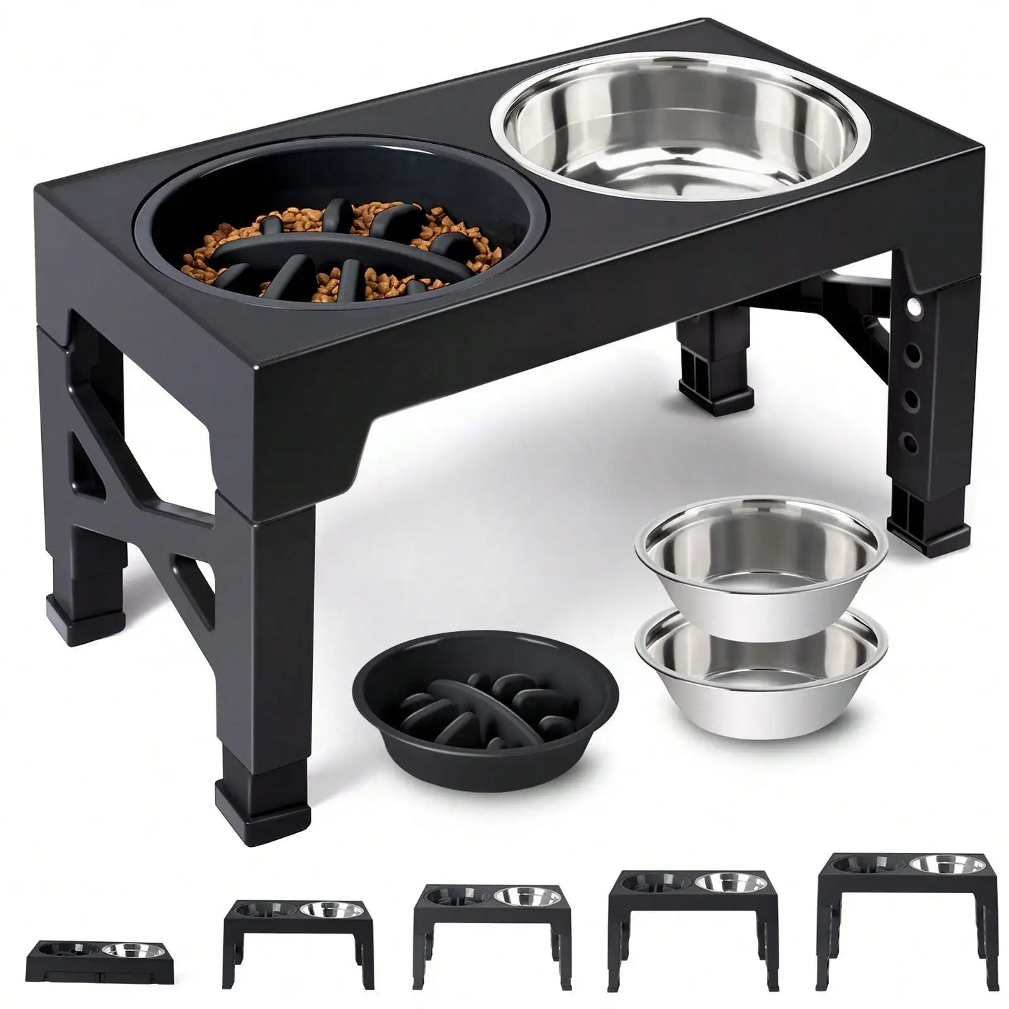 5-Height Adjustable Raised Dog Bowl Set - Includes 2 Stainless Steel Bowls- + 1 Slow Feeder- Anti-Choke Design-Suitable For All Dog Breeds- Pet Bowls/Feeding