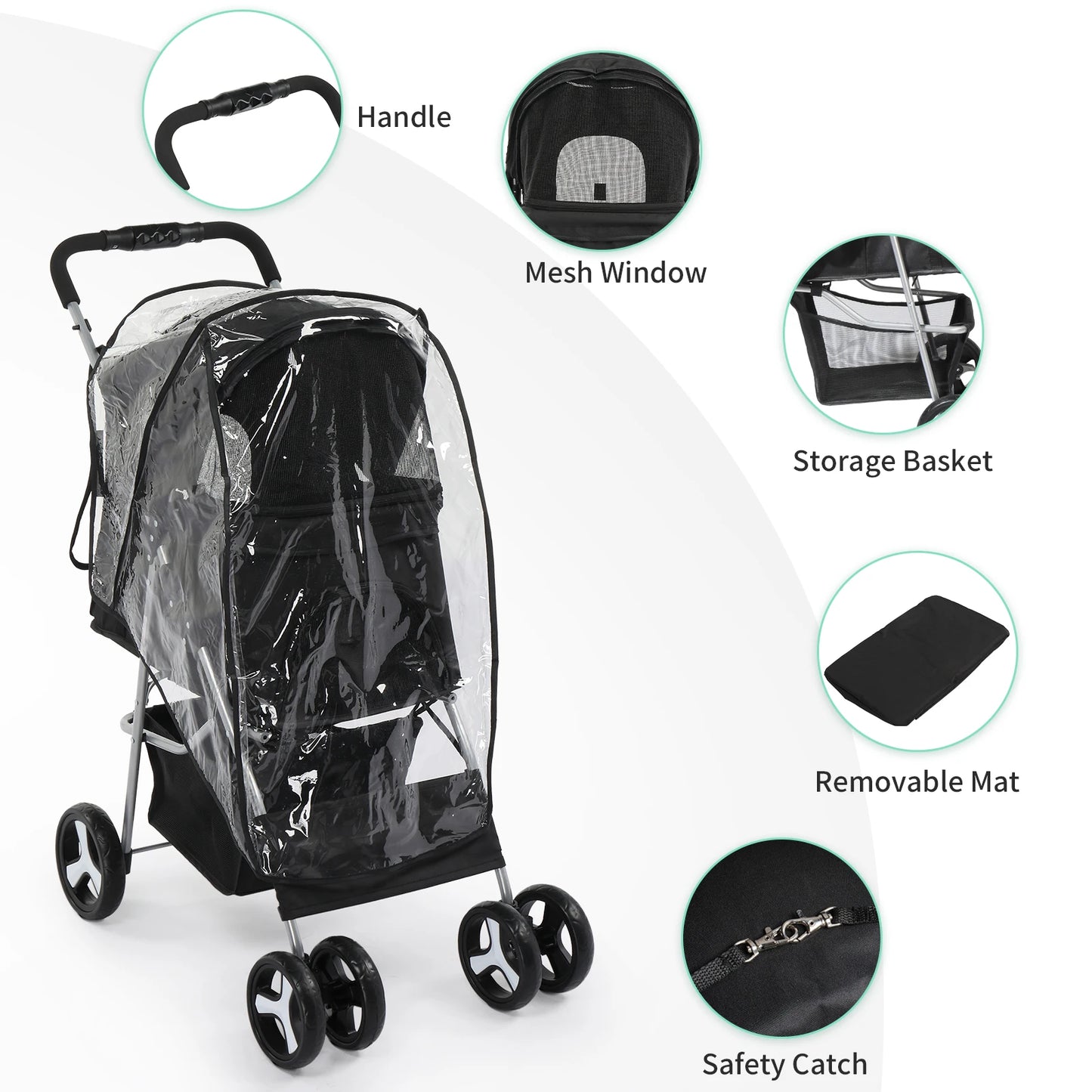 4 Wheels Pet Stroller-Dog Stroller for Small/Medium Pets- Foldable with Cup Holder- Removable Liner- Storage Basket- Black.