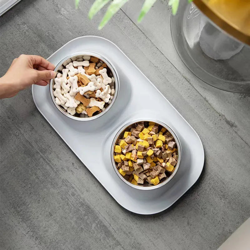 Stainless Steel Double Dog Bowl- Food Container- Plastic Non-slip Base- Pet Water Feeder- Tilt- Safeguards Dogs Neck