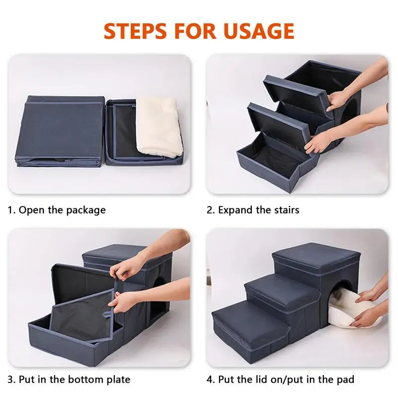 Foldable Dog Stairs- Portable with Storage Box -Heavy Duty Non-Collapsible Material Stairs