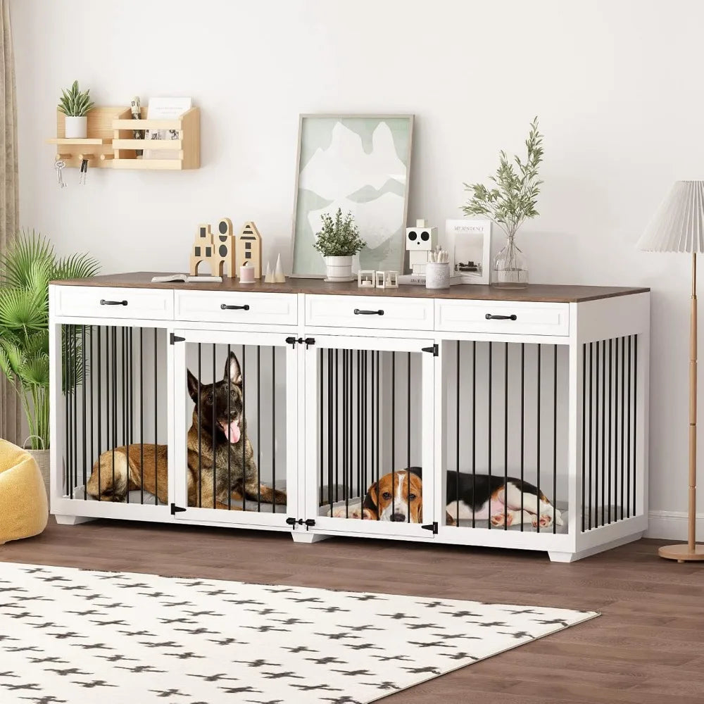 Extra Large Furniture Style Dog Crate- 93" Heavy Duty Wooden Dog Kennel with Drawers & Removable Divider-Indoor Luxury