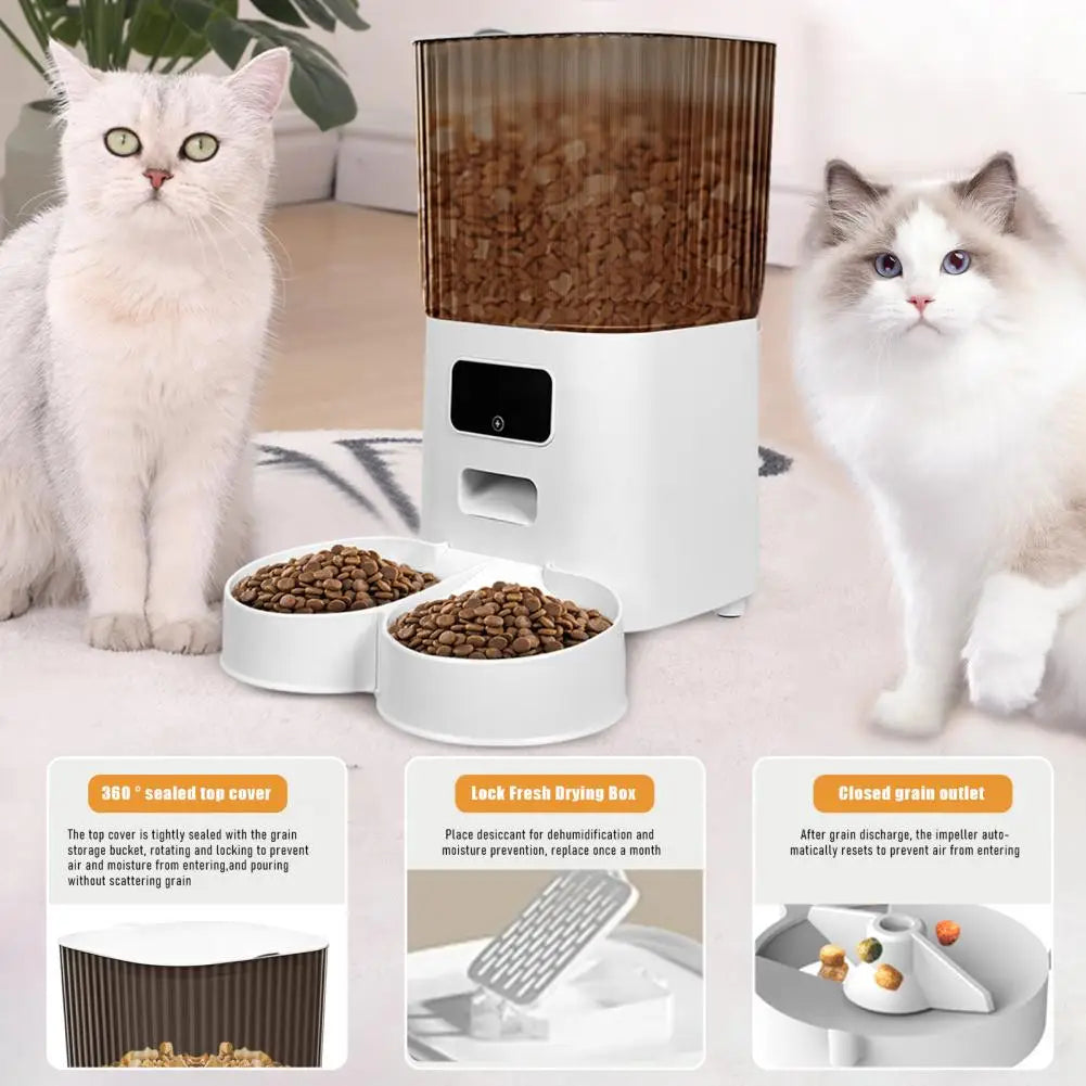 Smart Pet Feeder with Dual Bowls - 5L Transparent Storage, WiFi APP Control, Automatic Timed Dispensing for Cats or Dogs, Battery