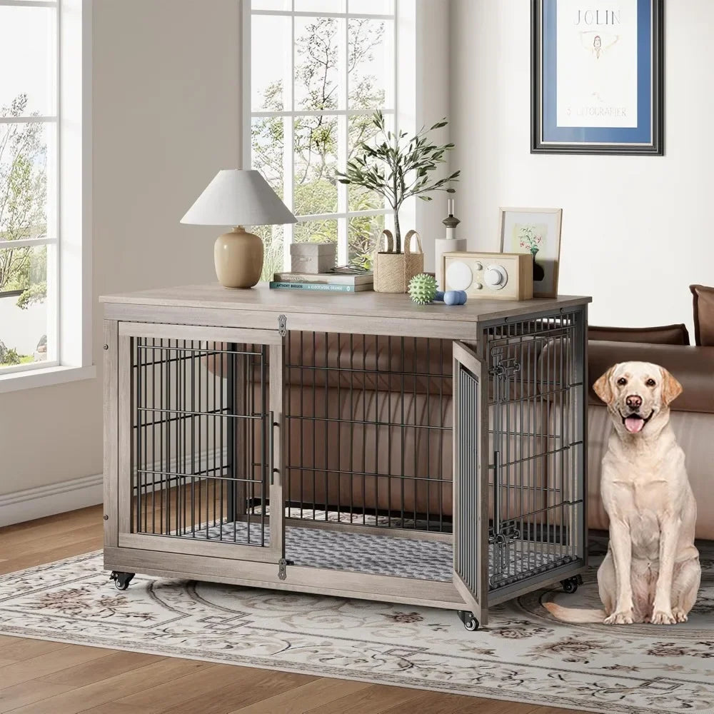 Dogs Crate Furniture with Cushion- Wooden Dogs Kennel Indoor with Double Doors- Wheels-Dog House Side End Table
