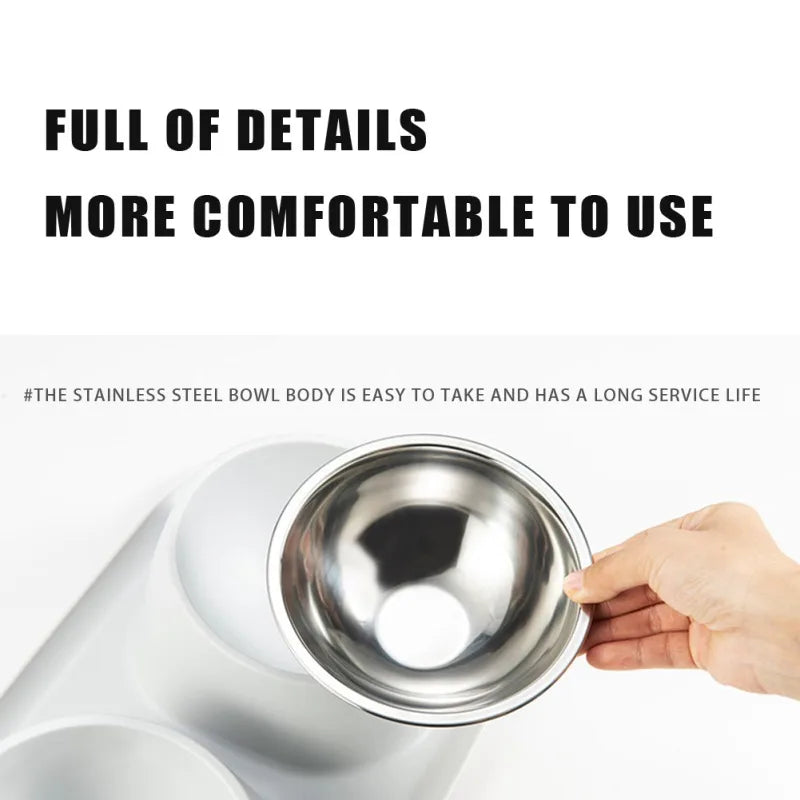 Stainless Steel Double Dog Bowl- Food Container- Plastic Non-slip Base- Pet Water Feeder- Tilt- Safeguards Dogs Neck