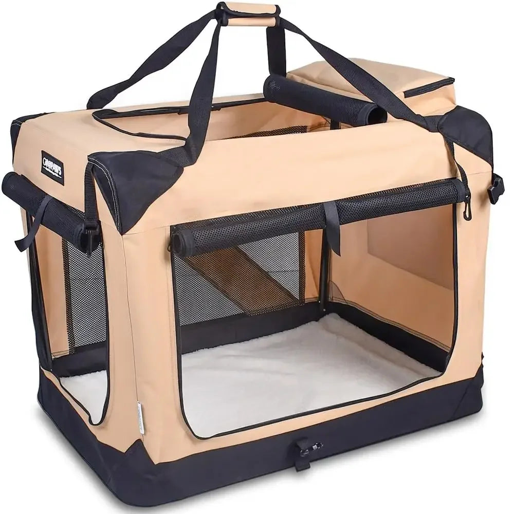 Soft Foldable Portable Dog Crate 36" Beige- Security- Breathable 3 Door Travel Carrier- Indoor & Outdoor Mesh Bed Pad