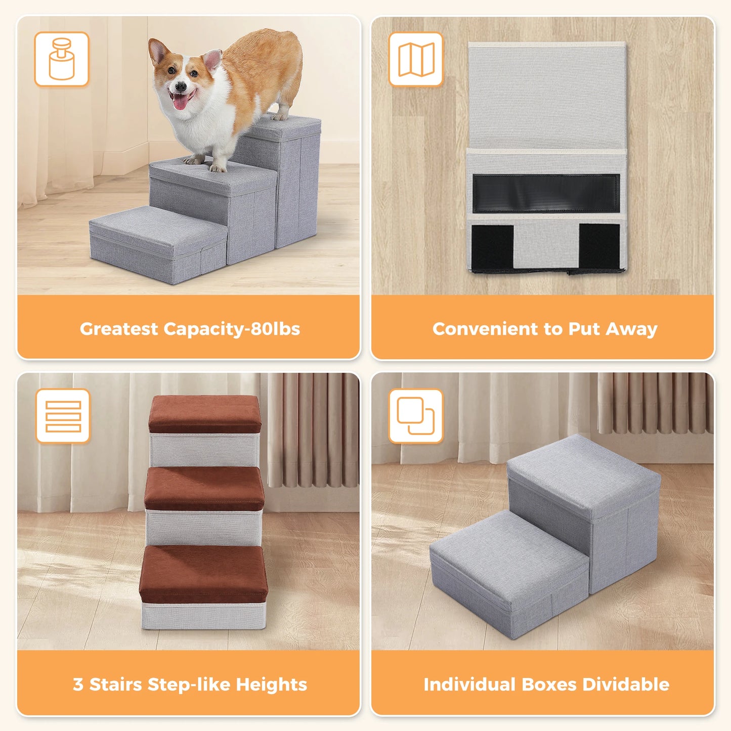 3-Tier Dog Stairs Foldable Pet Stair with Storage Box- Adjustable Height Dog Steps for Small Old Dog Cat Non-Slip Pet Ramp Indoor