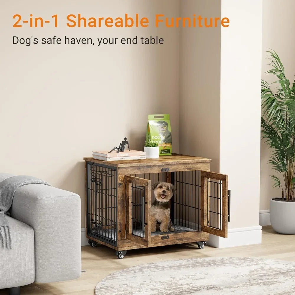 Small Dogs Crate Furniture- Indoor Double Doors Wooden Dogs Crate- 27.1'' Heavy Duty Dog Crate with Cushion & Wheels