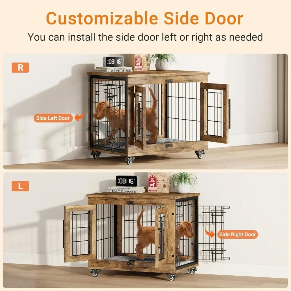 Small Dogs Crate Furniture- Indoor Double Doors Wooden Dogs Crate- 27.1'' Heavy Duty Dog Crate with Cushion & Wheels