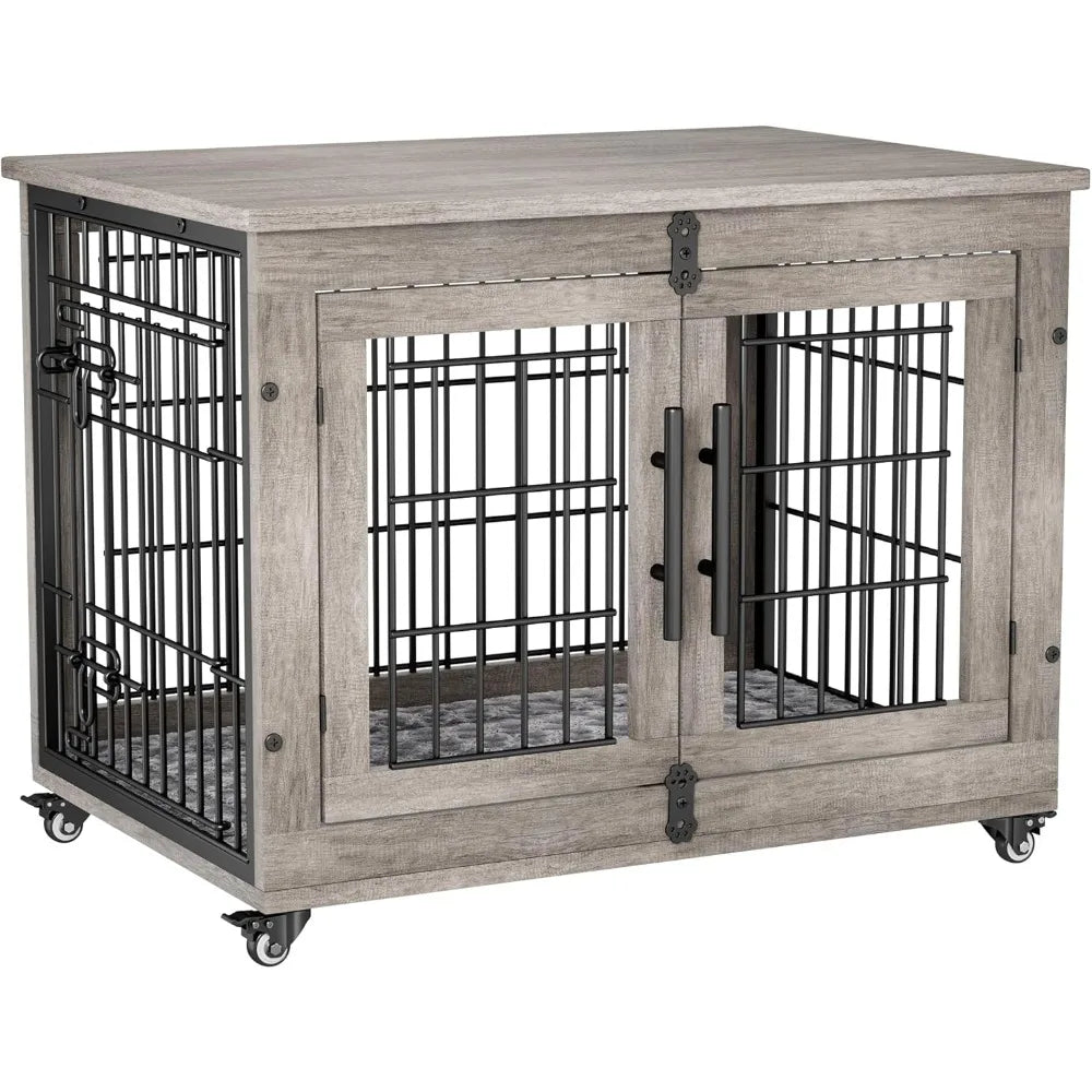 Dog Crate Furniture- 32'' Kennel Indoor with Cushion & Wheels Wooden Cage- Double Doors Dog Crate