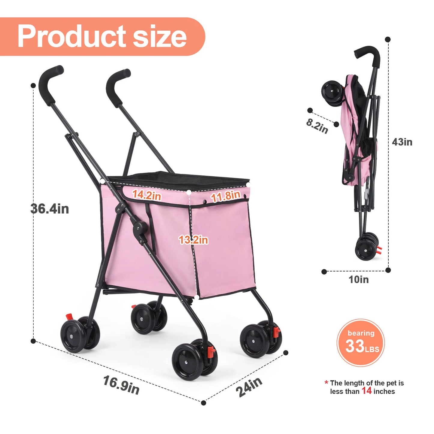 33lbs 4 Wheels Dog Stroller- Rotate- Travel Hand Cart Folding Shopping Trolley-Pink