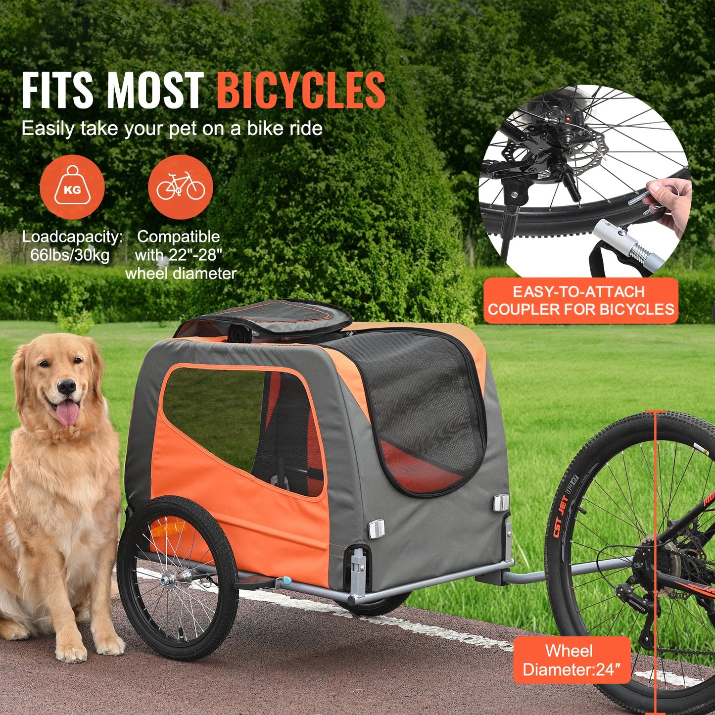 SucceBuy 66 lbs Pet Cart Bicycle Carrier -Dog Bike Trailer with Folding Frame Wheels- Coupler -Reflectors Flag for Dogs Accessories