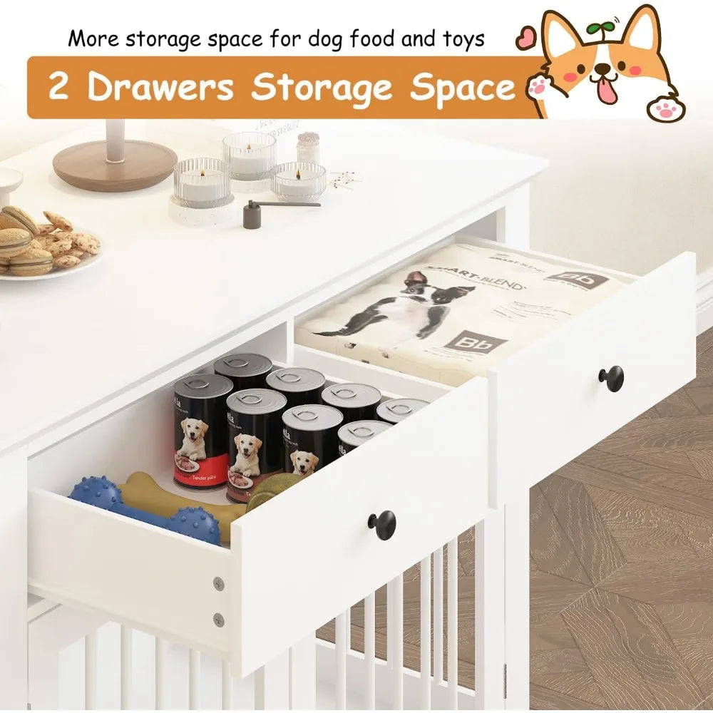 Dog Crate Furniture-44" Wooden Dog Kennel Indoor With 2 Storage Drawers- Heavy Duty Dog Crate Furniture