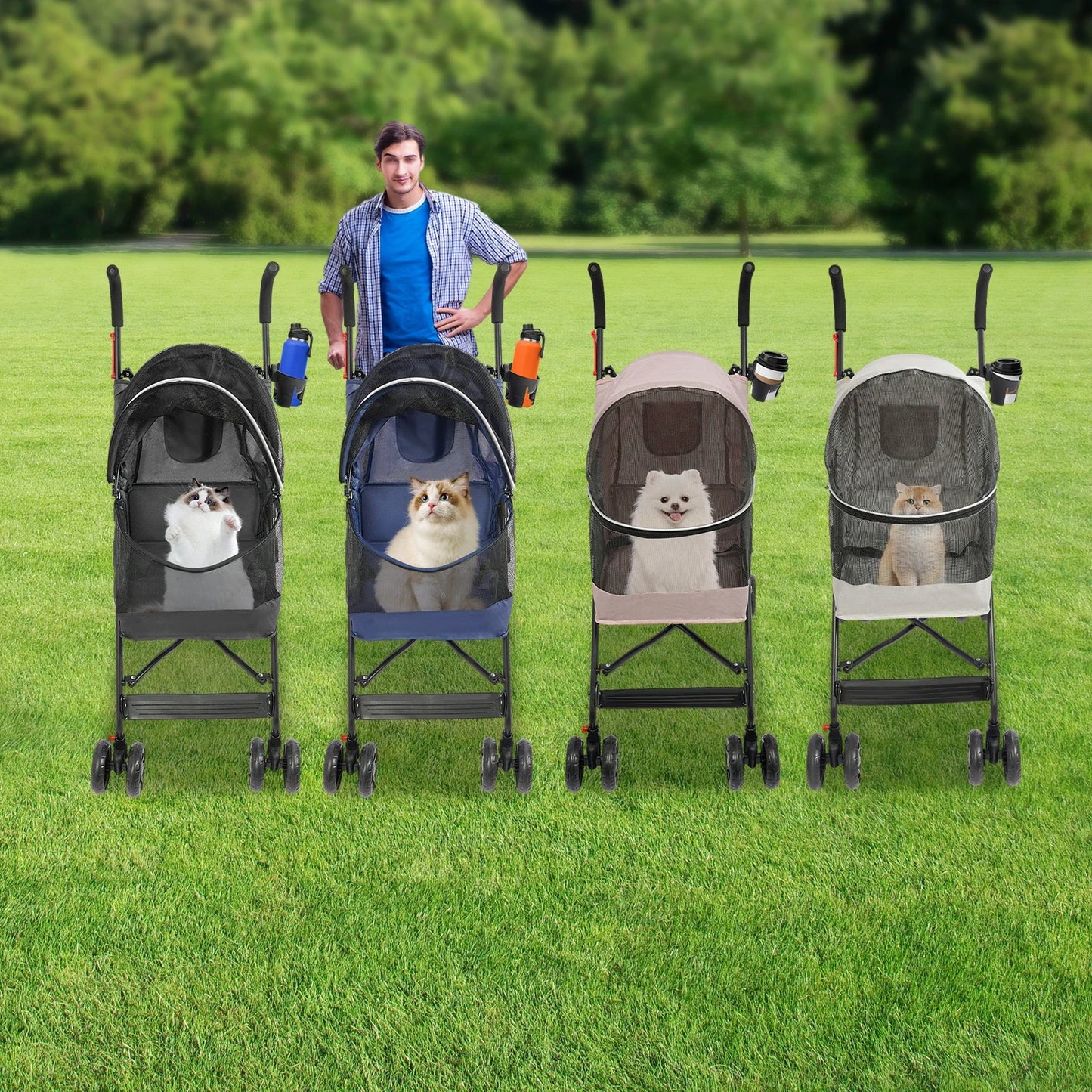 Premium Pet Stroller for Small/Medium Dogs- 360° Swivel Wheels- Safety Tether- Foldable Design w/Breathable Mesh with Cushion