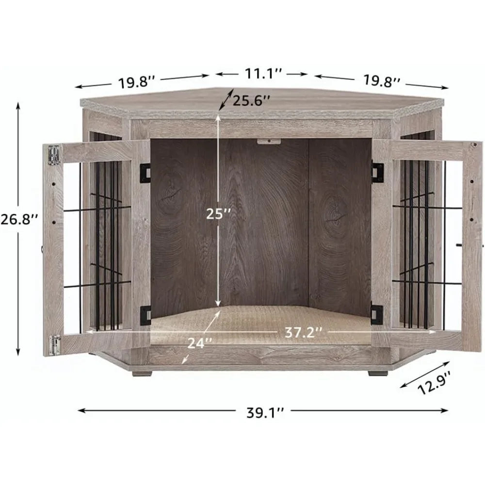 Furniture Corner Dog Crate- Wooden End Table with Cushion- Indoor Pet Crate- Side Table for Small Medium Dogs