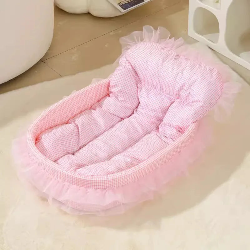 Cute Lace-Trimmed Pet Princess Bed- Soft Polyester Plush- Oval for Small Dogs- Easy Assembly- Indoor Use-Bed & Blankets
