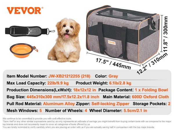 Airline Pet Carrier Stroller- Breathable Outgoing Dog Carry Backpack with Telescopic Handle Wheels and Shoulder Strap for Travel Trip