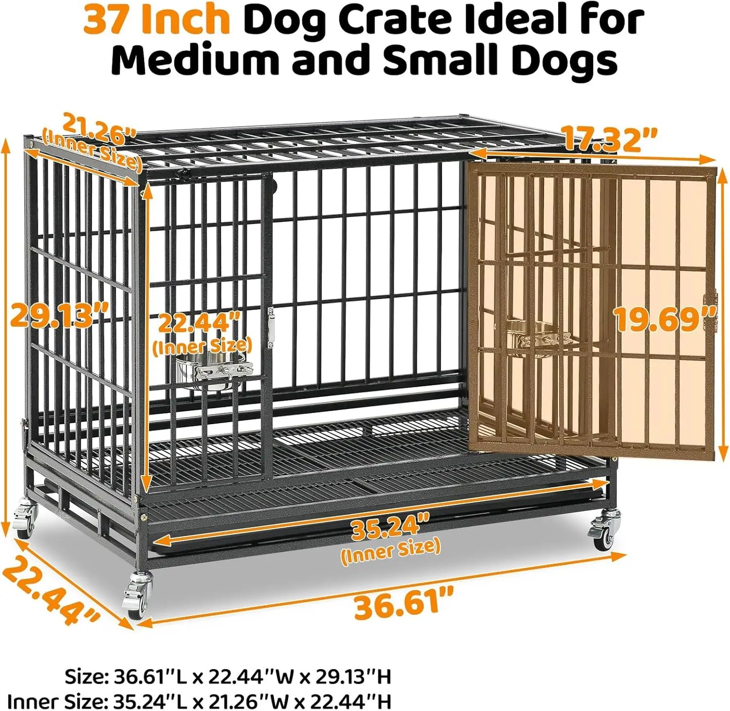 37 inch Stackable Heavy Duty Dog Crate-Indestructible- Escape Proof- Dogs Cage Kennel with Lockable Wheels