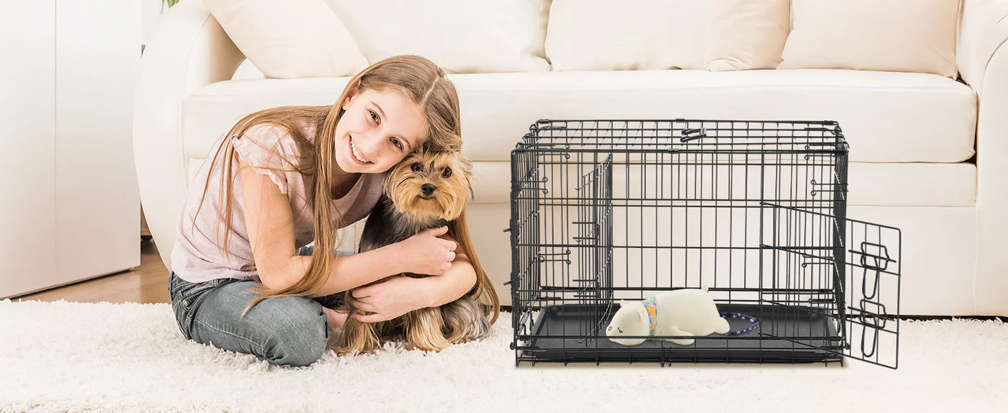 JHK Double Door Folding Metal Wire Dog Cage with Plastic Leak-Proof Pan Tray -Extra Large Pet Kennel for Indoor Outdoor Travel