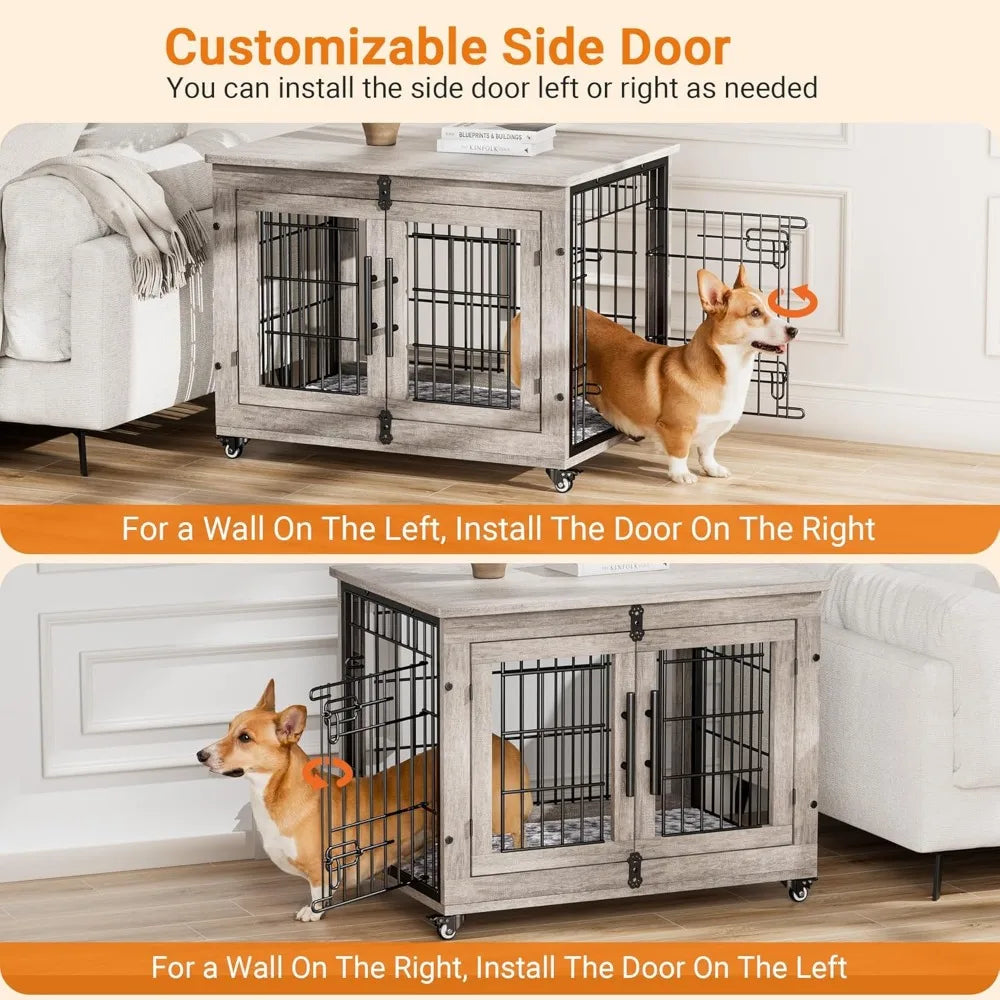 Dog Crate Furniture- 32'' Kennel Indoor with Cushion & Wheels Wooden Cage- Double Doors Dog Crate