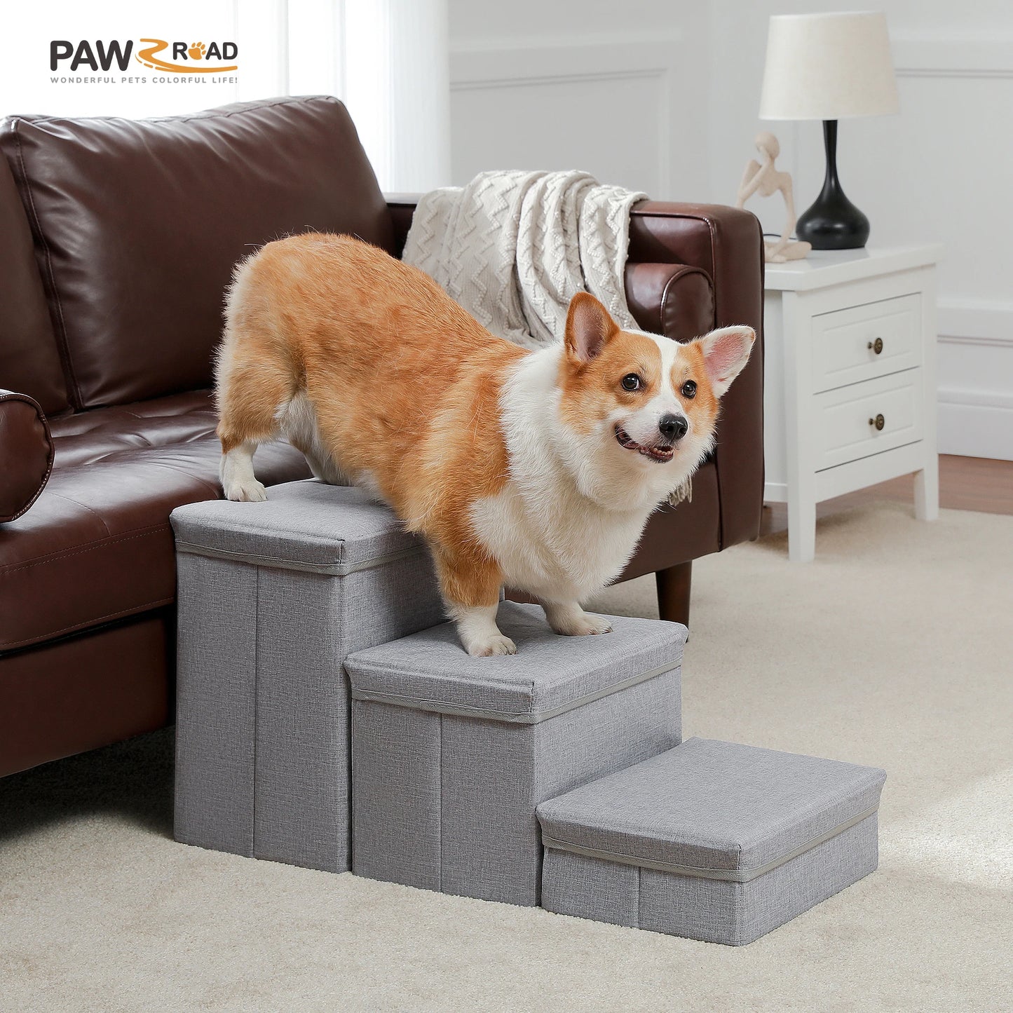 3-Tier Dog Stairs Foldable Pet Stair with Storage Box- Adjustable Height Dog Steps for Small Old Dog Cat Non-Slip Pet Ramp Indoor